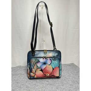 Anna Anuschka Hand Painted Medium Zip Around Purse Organizer Midnight Floral